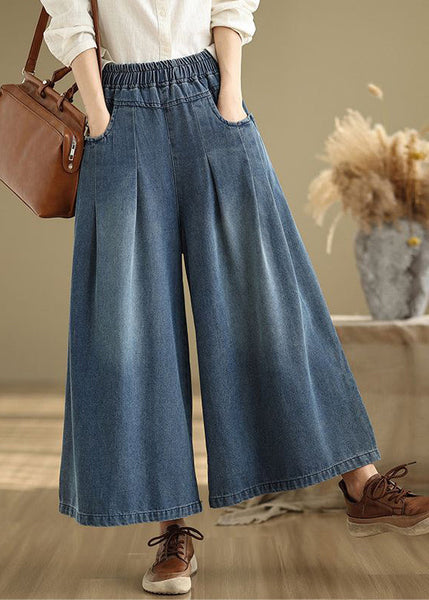 Navy Elastic Waist Summer Leg Wide Pants Unique Wrinkled Denim FashionChic