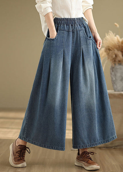 Navy Elastic Waist Summer Leg Wide Pants Unique Wrinkled Denim FashionChic