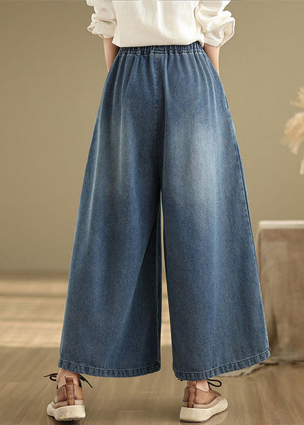 Navy Elastic Waist Summer Leg Wide Pants Unique Wrinkled Denim FashionChic