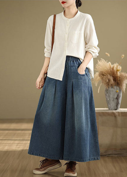 Navy Elastic Waist Summer Leg Wide Pants Unique Wrinkled Denim FashionChic