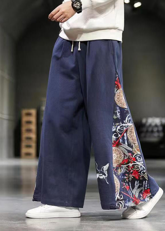 Unique Navy Embroideried Patchwork Cotton Men Wide Leg Pants Summer SA055 Men-casual-MENP240726