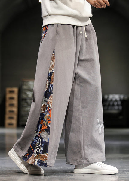 Unique Navy Embroideried Patchwork Cotton Men Wide Leg Pants Summer SA055 Men-casual-MENP240726