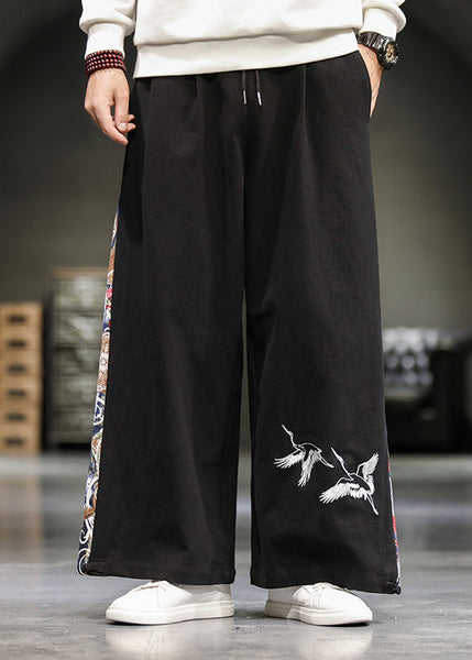 Unique Navy Embroideried Patchwork Cotton Men Wide Leg Pants Summer SA055 Men-casual-MENP240726