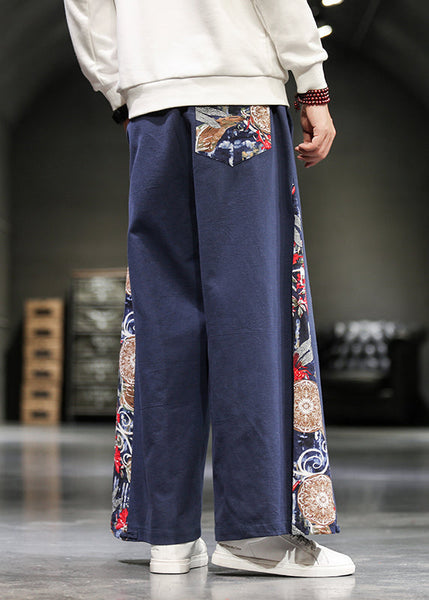 Unique Navy Embroideried Patchwork Cotton Men Wide Leg Pants Summer SA055 Men-casual-MENP240726