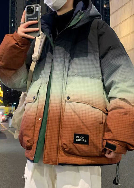 Unique Orange Gradient Color Hooded Pockets Duck Down Men Down Coats Winter RM021 ABC