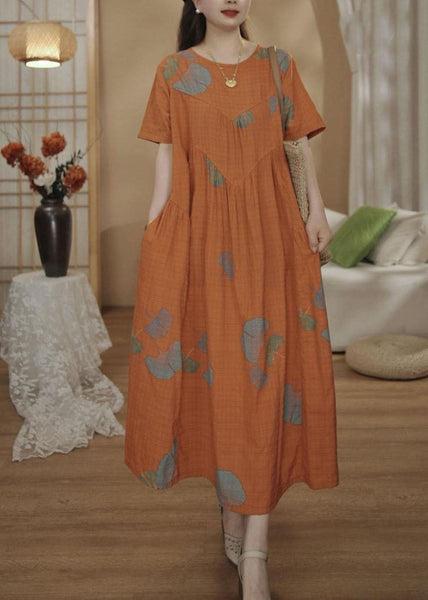 Dresses Unique Orange Cotton Oversized Summer Maxi Print FashionChic