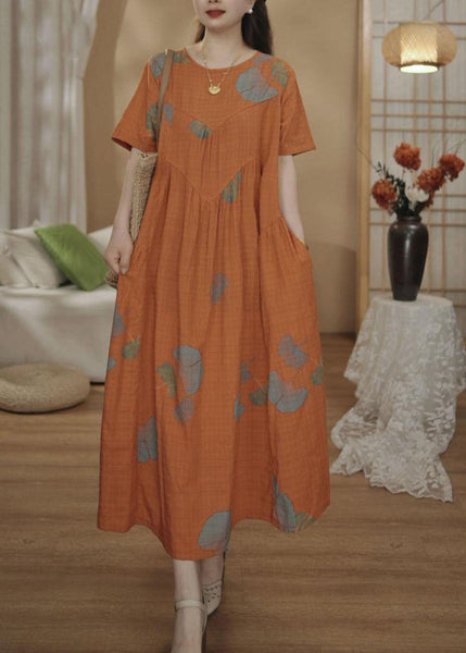 Oversized Dresses Cotton Summer Print Maxi Unique Orange FashionChic