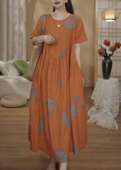 Dresses Unique Orange Cotton Oversized Summer Maxi Print FashionChic