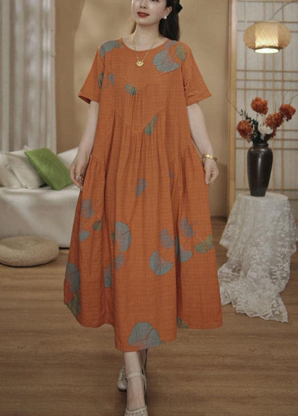 Dresses Unique Orange Cotton Oversized Summer Maxi Print FashionChic