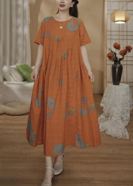 Dresses Unique Orange Cotton Oversized Summer Maxi Print FashionChic