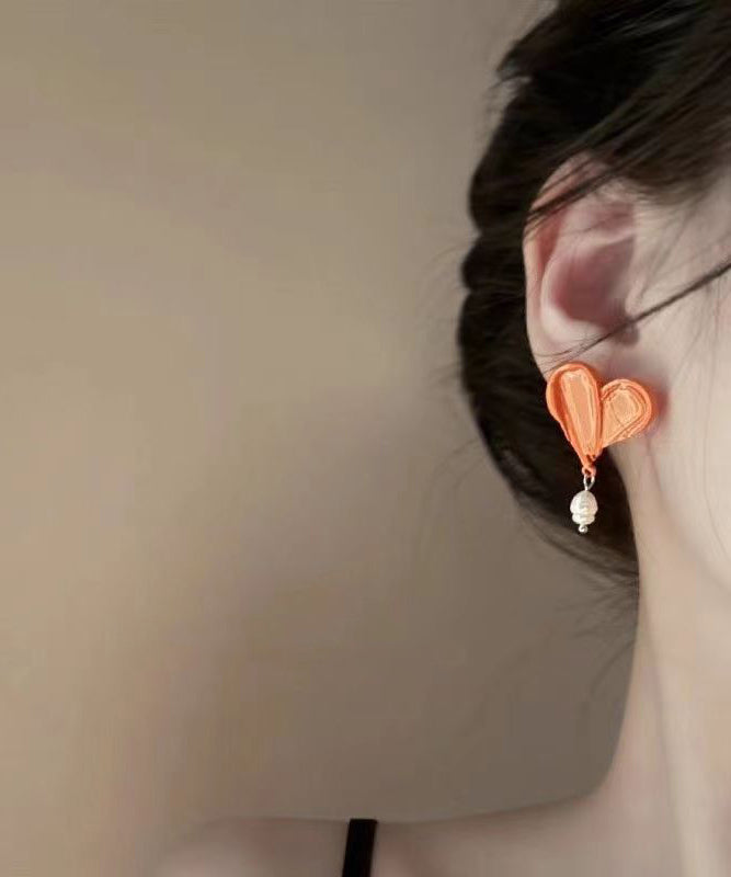 Unique Orange Paint Asymmetric Pearl Stud Earrings PO040 JEW-EAR240729