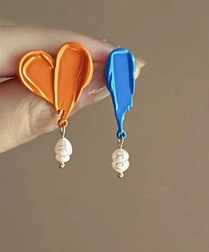 Unique Orange Paint Asymmetric Pearl Stud Earrings PO040 JEW-EAR240729