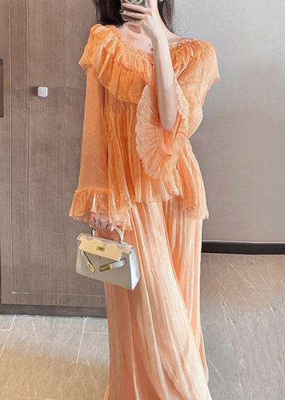 Unique Orange Ruffled Patchwork Chiffon Two Pieces Set Summer XX062 SH-LF-TPIEC240611