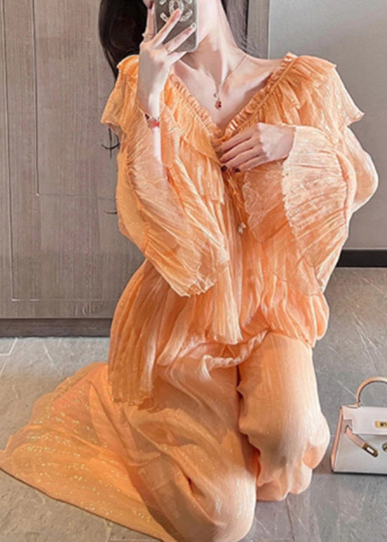 Unique Orange Ruffled Patchwork Chiffon Two Pieces Set Summer XX062 SH-LF-TPIEC240611