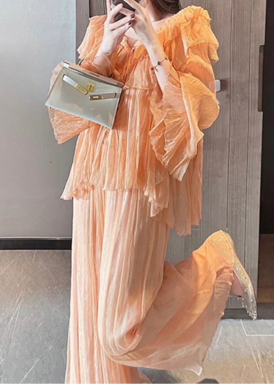 Unique Orange Ruffled Patchwork Chiffon Two Pieces Set Summer XX062 SH-LF-TPIEC240611