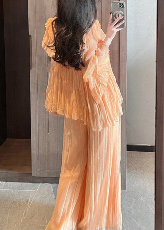 Unique Orange Ruffled Patchwork Chiffon Two Pieces Set Summer XX062 SH-LF-TPIEC240611