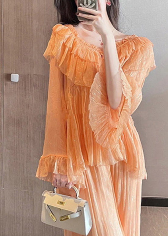 Unique Orange Ruffled Patchwork Chiffon Two Pieces Set Summer XX062 SH-LF-TPIEC240611