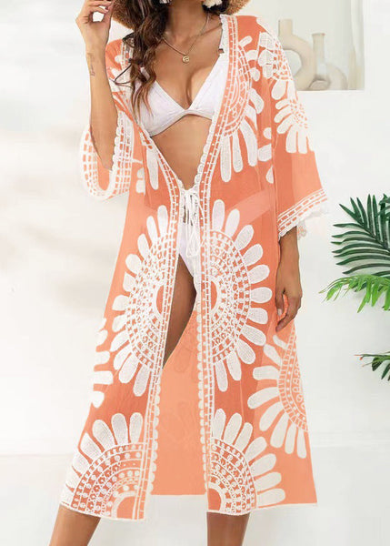 Unique Orange V-Neck Print Lace Patchwork Tulle Swimwear Cardigans VC049 WM-Beach-TP240615