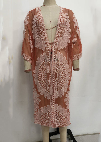 Unique Orange V-Neck Print Lace Patchwork Tulle Swimwear Cardigans VC049 WM-Beach-TP240615