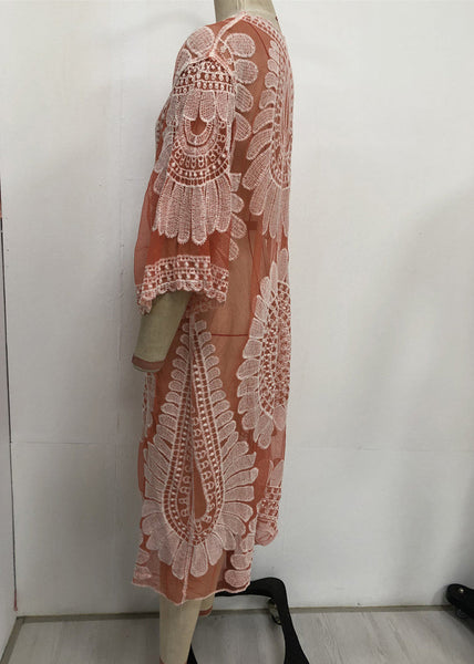 Unique Orange V-Neck Print Lace Patchwork Tulle Swimwear Cardigans VC049 WM-Beach-TP240615