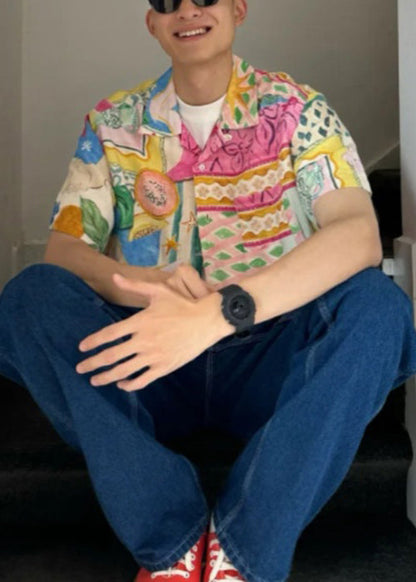 Cotton Print Pan Men's Unique Shirts Collar Peter Summer Button FashionChic