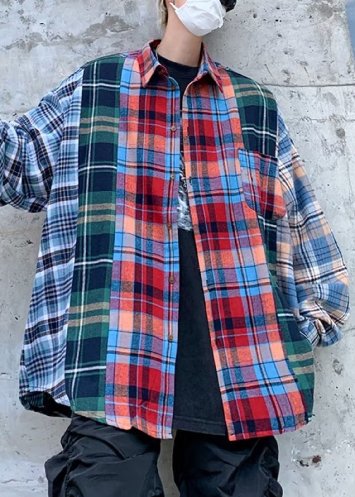 Spring Men Plaid Cotton Shirts Unique Peter Collar Pan Patchwork FashionChic