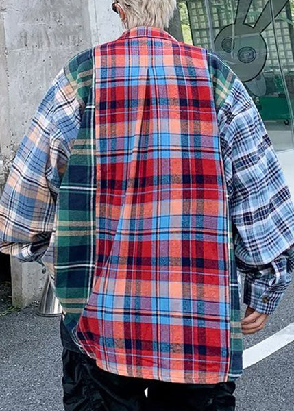 Spring Men Plaid Cotton Shirts Unique Peter Collar Pan Patchwork FashionChic