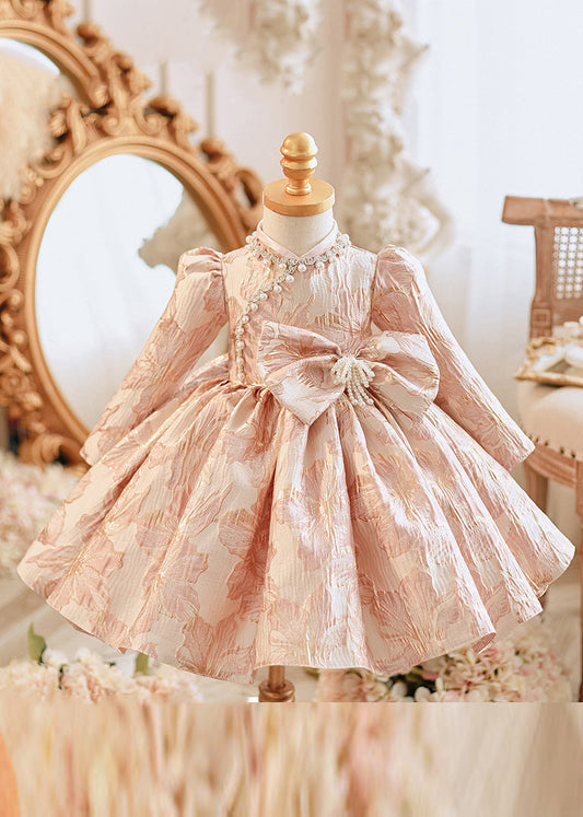 Unique Pink Bow Patchwork Pearl Thick Girls Maxi Dress Puff Sleeve RP038 ABC