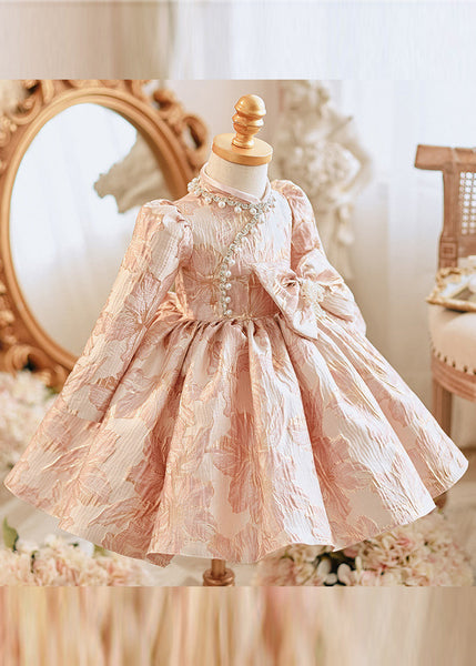 Unique Pink Bow Patchwork Pearl Thick Girls Maxi Dress Puff Sleeve RP038 ABC