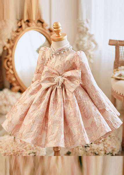 Unique Pink Bow Patchwork Pearl Thick Girls Maxi Dress Puff Sleeve RP038 ABC
