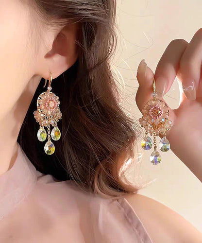 Unique Pink Copper Alloy Crystal Tassel Drop Earrings QZ013 JEW-EAR241023