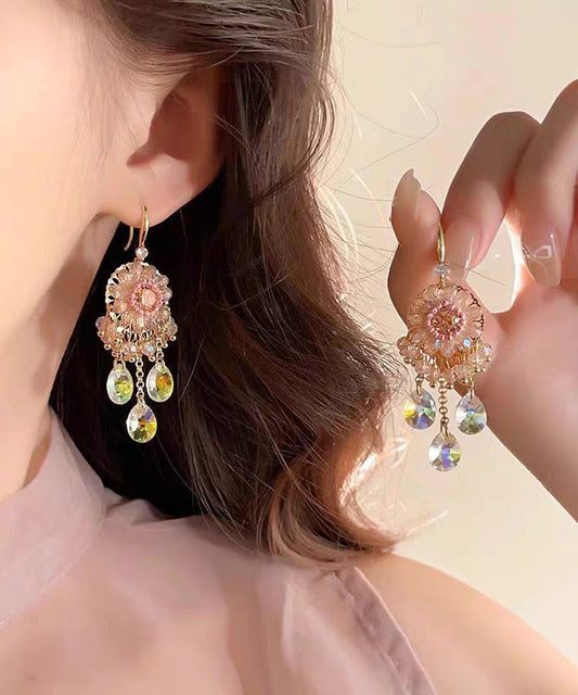 Unique Pink Copper Alloy Crystal Tassel Drop Earrings QZ013 JEW-EAR241023