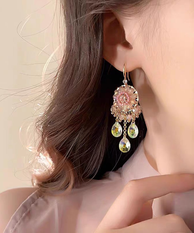 Unique Pink Copper Alloy Crystal Tassel Drop Earrings QZ013 JEW-EAR241023