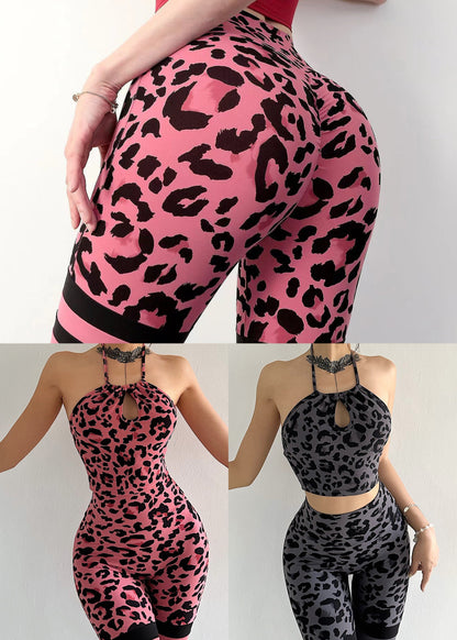 Unique Pink Leopard Sports Bra And Leggings Set Suit Surf Leggings TH020