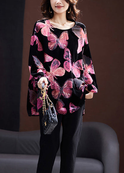 Unique Pink O Neck Print Velour Top Long Sleeve AC1008 Genistyle Shop