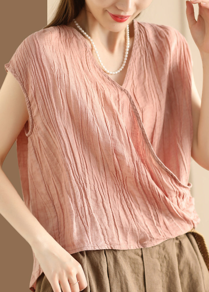 Unique Pink V Neck Wrinkled Cotton T Shirt Summer QK023 BB-STP241022