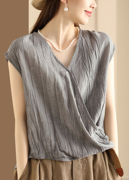 Unique Pink V Neck Wrinkled Cotton T Shirt Summer QK023 BB-STP241022