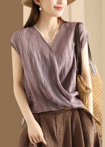 Unique Pink V Neck Wrinkled Cotton T Shirt Summer QK023 BB-STP241022