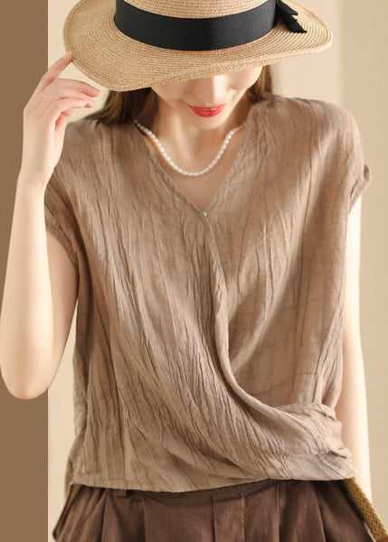 Unique Pink V Neck Wrinkled Cotton T Shirt Summer QK023 BB-STP241022