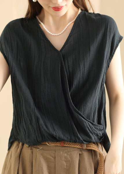 Unique Pink V Neck Wrinkled Cotton T Shirt Summer QK023 BB-STP241022