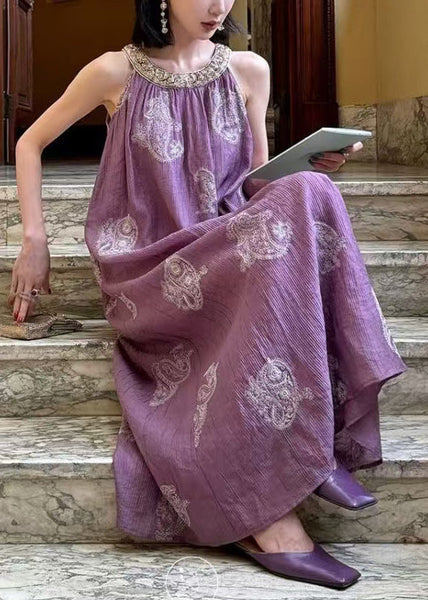 Sleeveless Purple Patchwork Embroidered Long Silk Unique Dress FashionChic