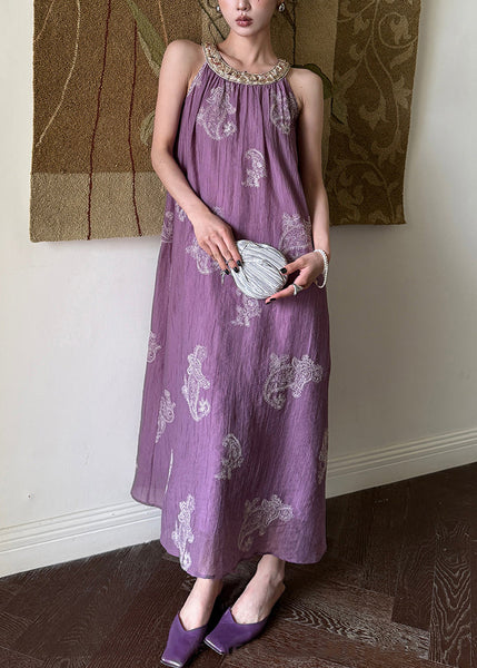 Sleeveless Purple Patchwork Embroidered Long Silk Unique Dress FashionChic