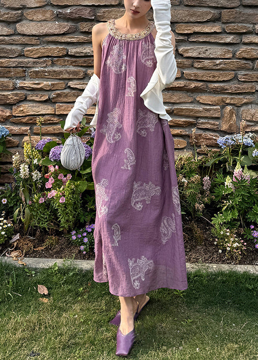 Sleeveless Purple Patchwork Embroidered Long Silk Unique Dress FashionChic