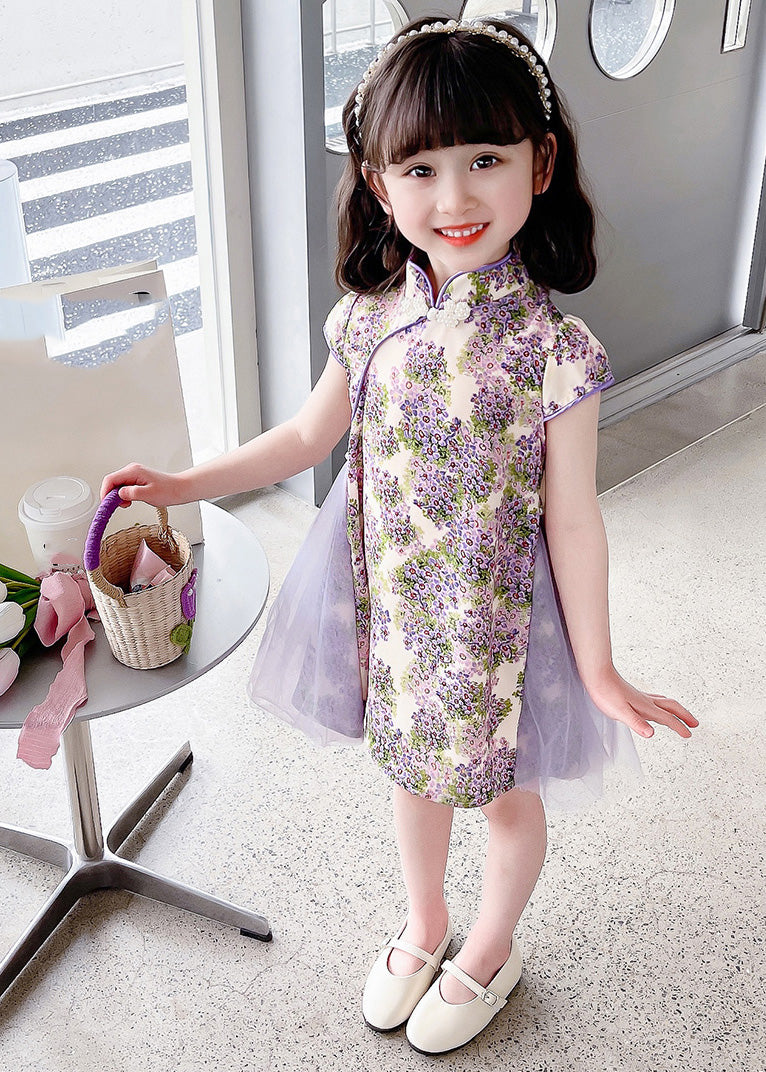 Unique Purple Stand Collar Print Girls Mid Dress Summer GF018 MM-RCTZ-SDM230724