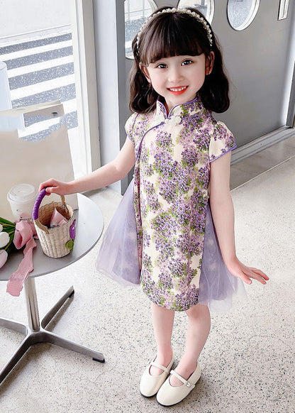 Unique Purple Stand Collar Print Girls Mid Dress Summer GF018 MM-RCTZ-SDM230724