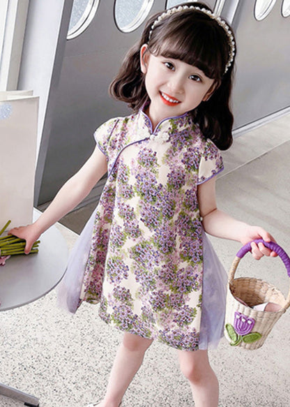 Unique Purple Stand Collar Print Girls Mid Dress Summer GF018 MM-RCTZ-SDM230724