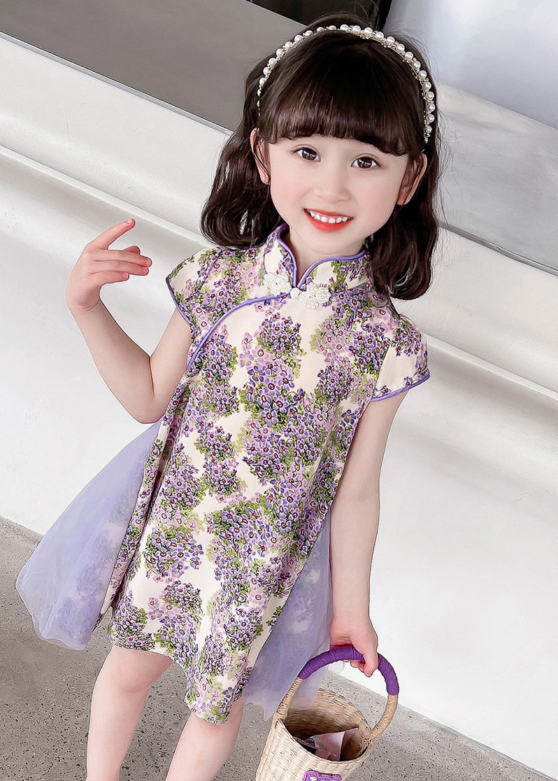 Unique Purple Stand Collar Print Girls Mid Dress Summer GF018 MM-RCTZ-SDM230724