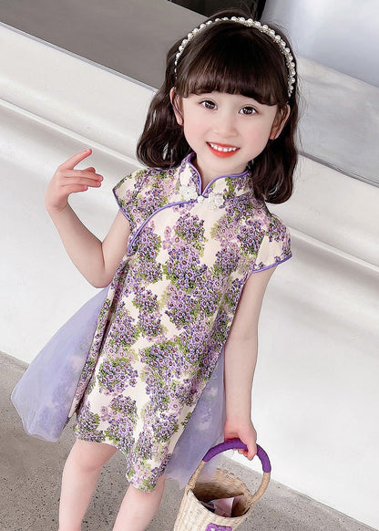 Unique Purple Stand Collar Print Girls Mid Dress Summer GF018 MM-RCTZ-SDM230724