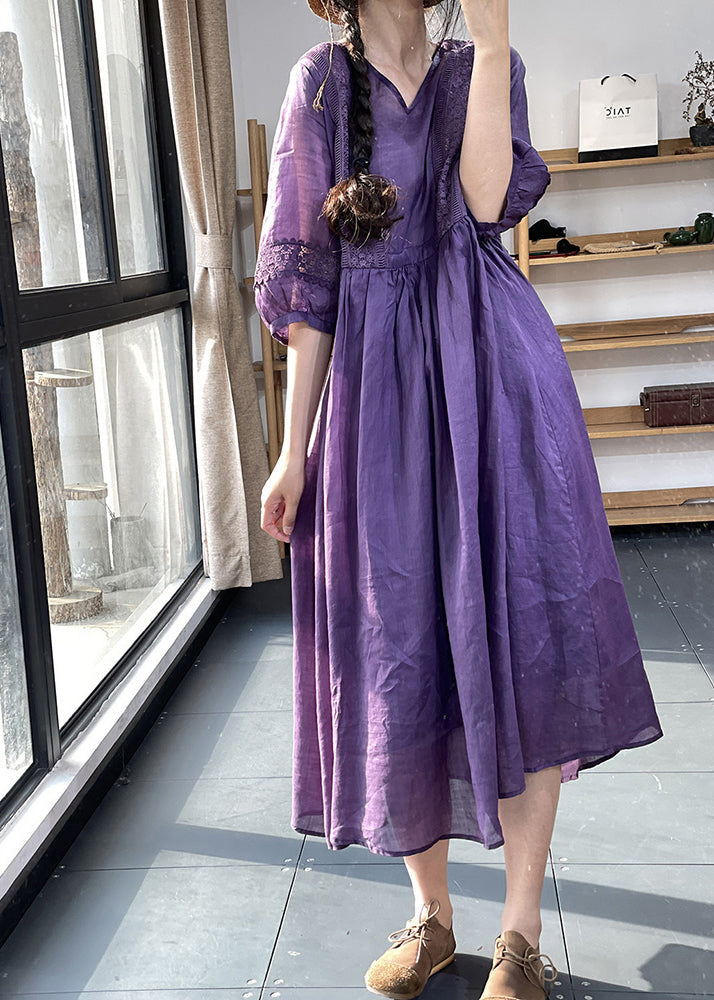 Unique Purple V Neck Lace Pockets Patchwork Cotton Dresses Summer OO038 OM-CS240814