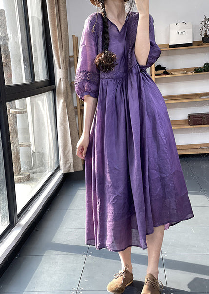Unique Purple V Neck Lace Pockets Patchwork Cotton Dresses Summer OO038 OM-CS240814